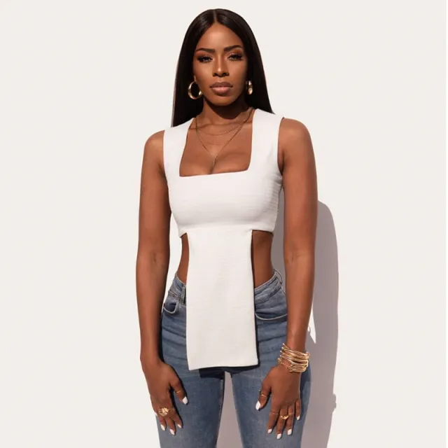 Women's Fashion Design Sense Square Neck Slim Temperament Sleeveless T shirt White - Shop at LoveMi