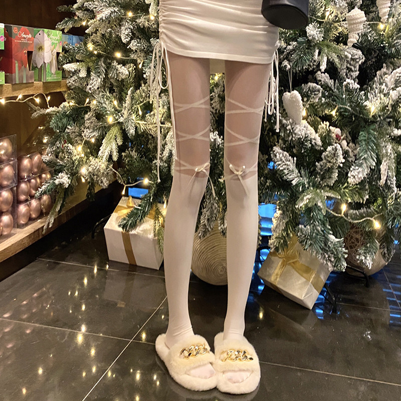 Anti-snag Sheer White Fake Thigh Highs with Lace-Up Bow