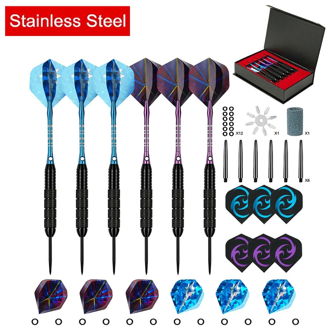 6Pack Tungsten Darts Tip Set Steel Shaft 12 Flights With Case UK — image 4