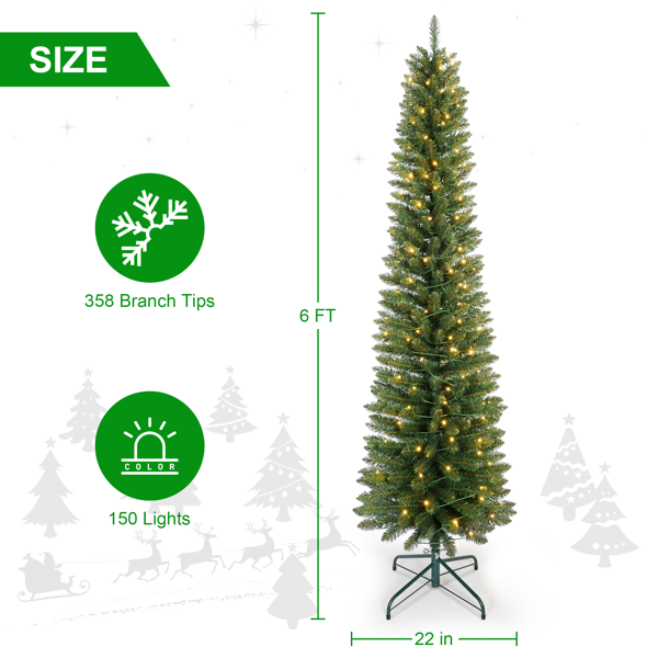 5FT Green Pencil Christmas Tree with 100 Warm White LED Lights – Slim PVC Tree with 263 Tips, Compact Design, Stable Metal Stand, Easy to Assemble-13