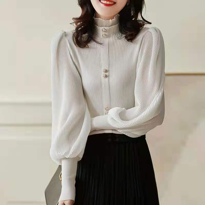 Half-high Collar Lantern Sleeve Knit Sweater Women's Slimming Top