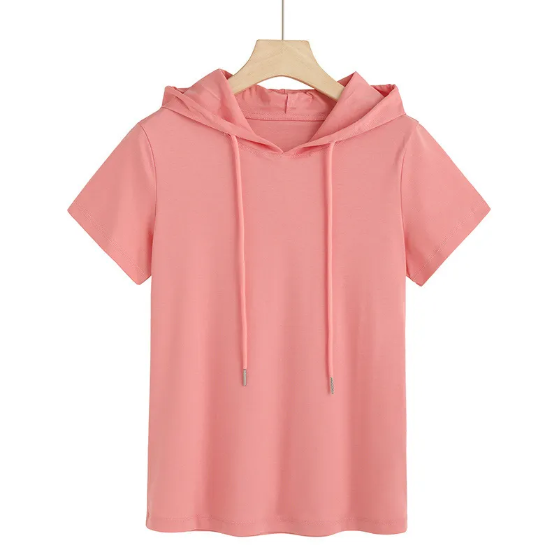 80's Mercerized Cotton Short-sleeved Hooded Women's T-shirt - Pink