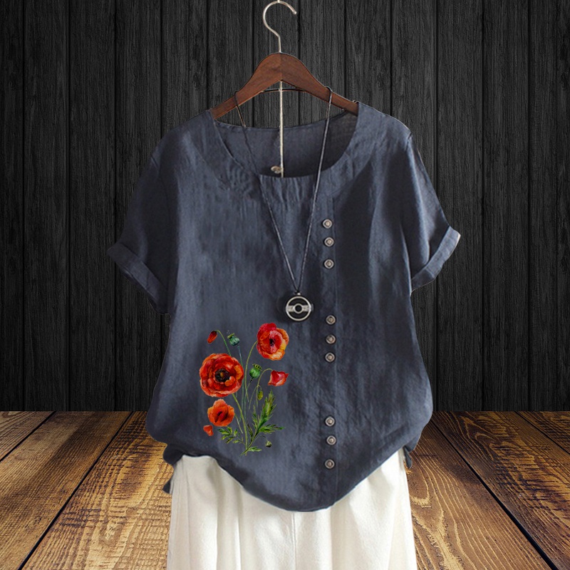 Cotton And Linen Printed Loose Short Sleeve Casual