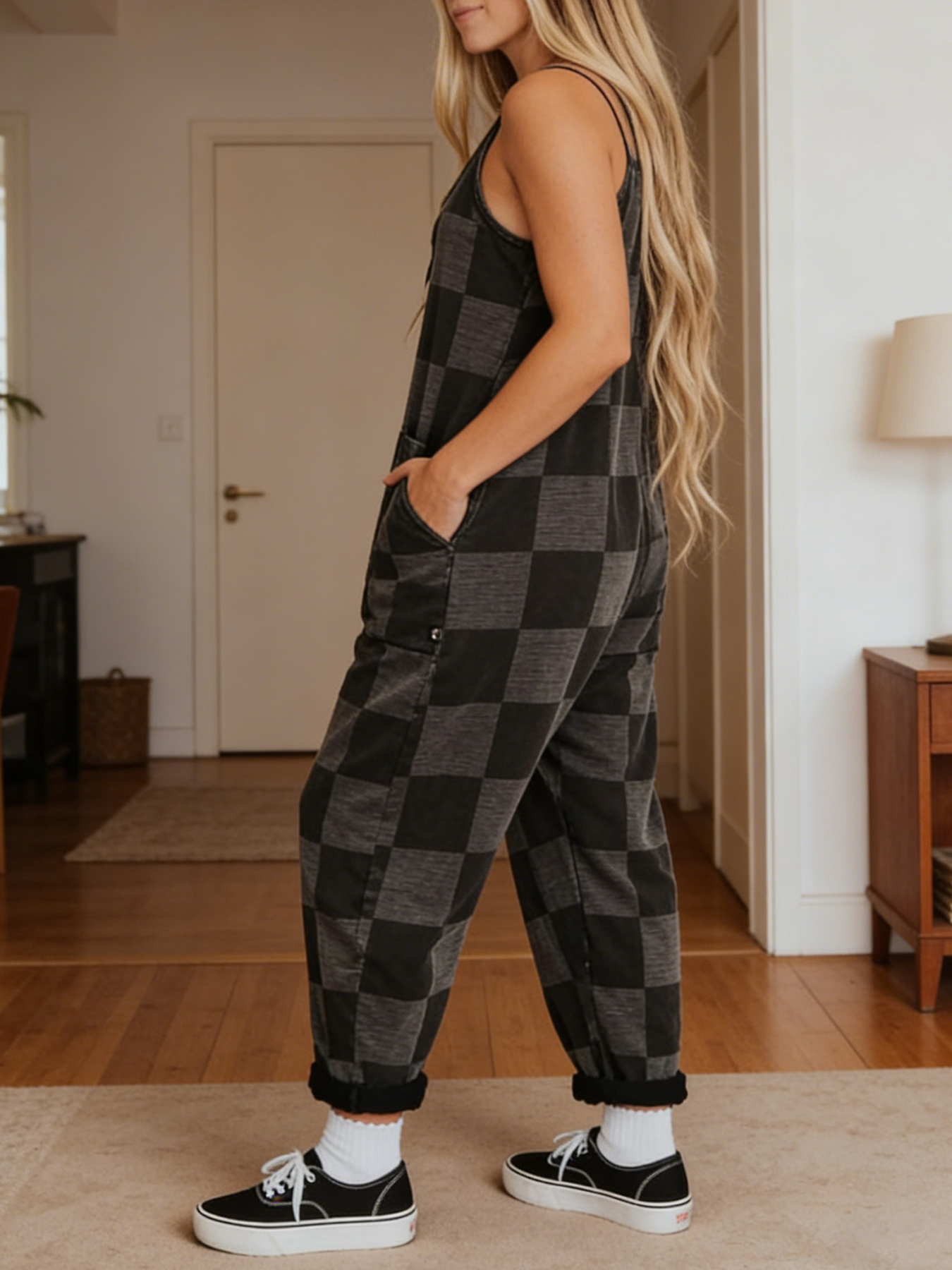 New Women's Plaid Print Jumpsuit With Large Pockets, Halter Neck, Open Back, Loose Fit. Machine Washable And Suitable For Everyday Wear. — foto 3