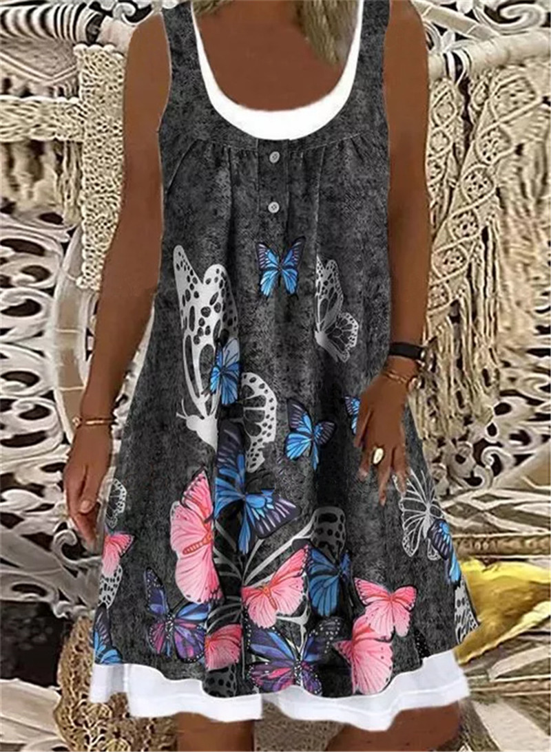 Imitation Denim Print Sleeveless Round Neck Casual A-line Dress