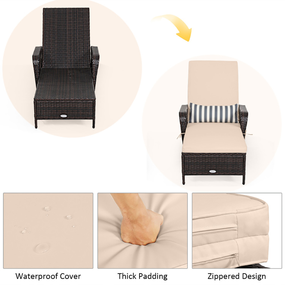 Outdoor Patio Wicker Chaise Lounge Chair With Adjustable Backrest And Pillow Of Up400lbs Foryard, Lawn, Poolside, Beach, Or Balcony