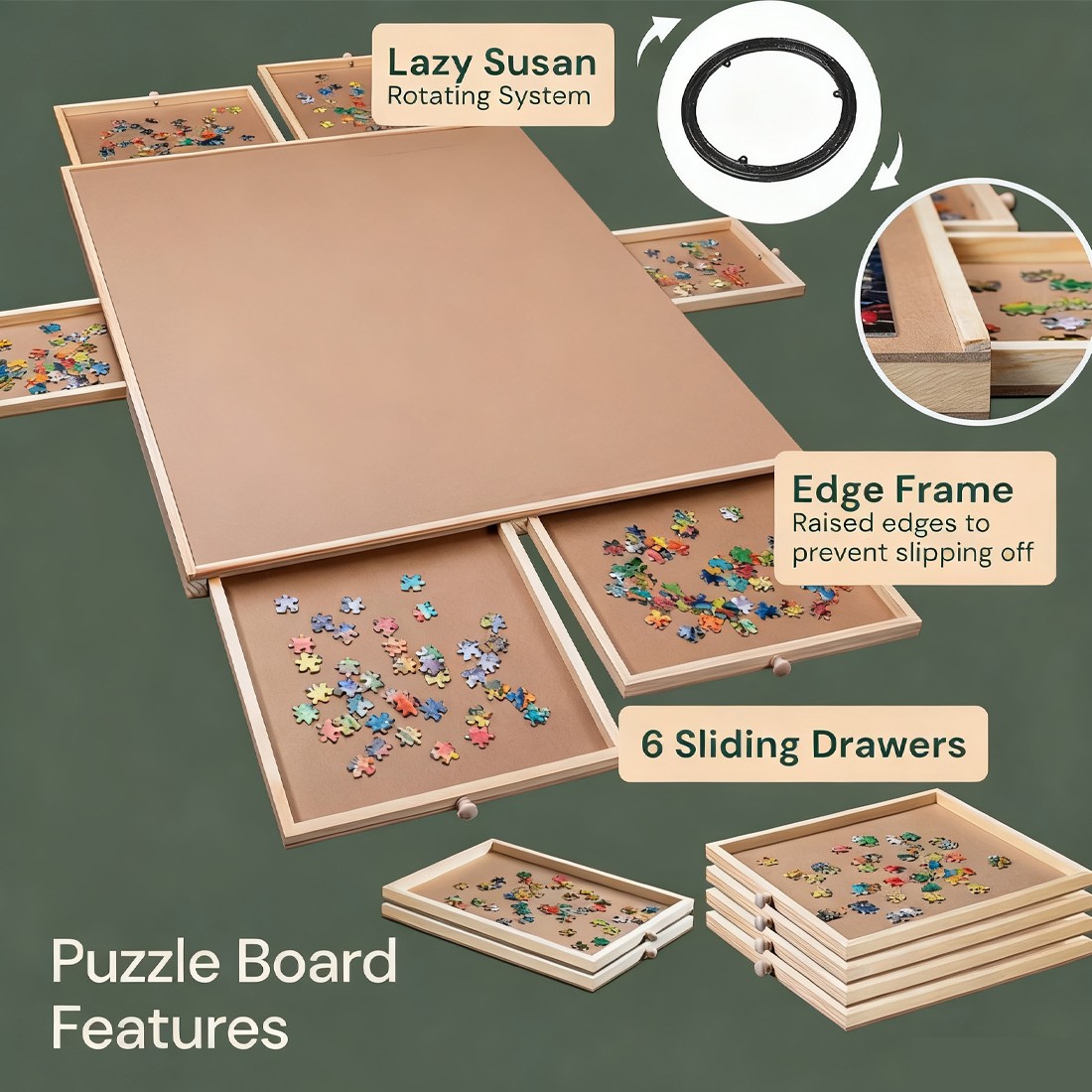 Wooden Jigsaw Puzzle Board Portable Storage Table W 6 Slid Drawer 60pcs — image 3