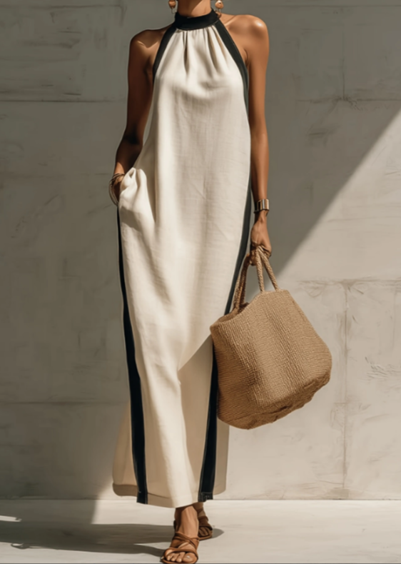 Mibai Collision Black Border Hanging Neck Linen Long Vacation Dress