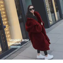 Women's New Rex Rabbit Fur Thickened Long Hooded Jacket - Wine Red Long - View 1
