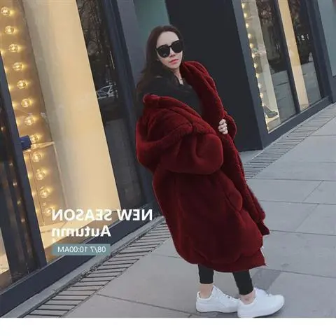 Women's New Rex Rabbit Fur Thickened Long Hooded Jacket Wine Red Long - Shop at LoveMi