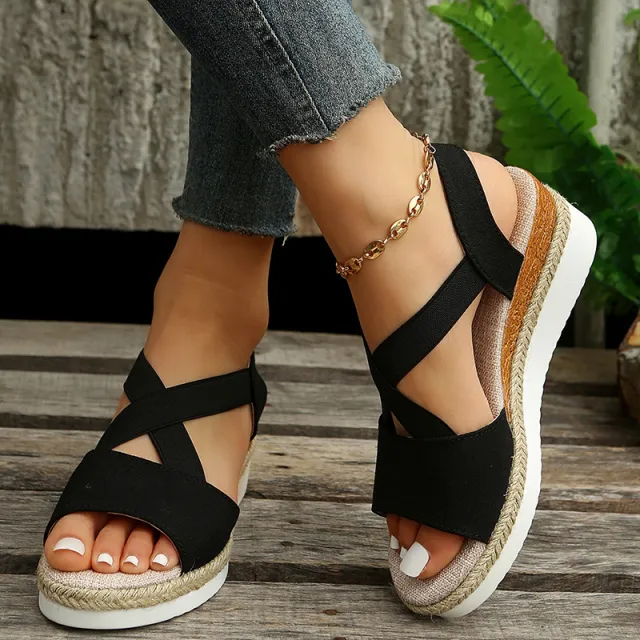 Wedge Sandals For Women Cross strap Platform Gladiator Hemp Heel Shoes Summer Black - Shop at LoveMi