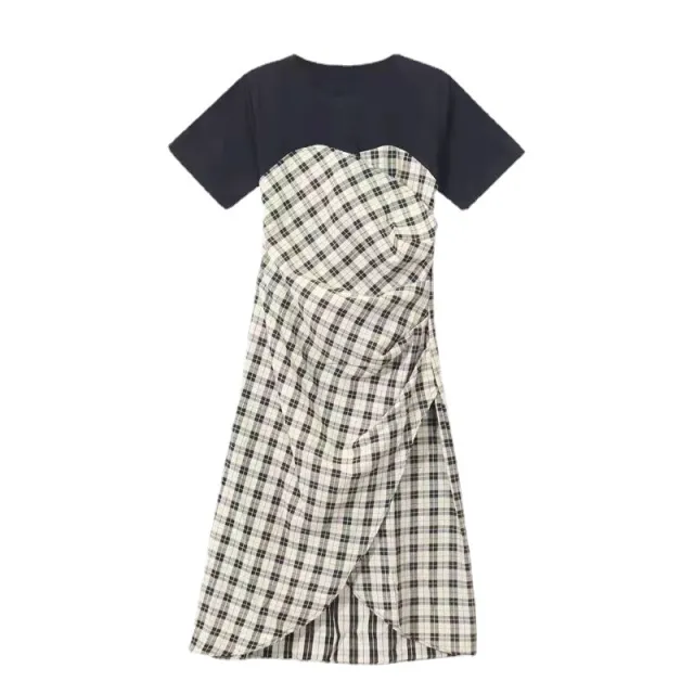 Splicing Plaid Short Sleeve Dress Female Summer Black - Shop at LoveMi
