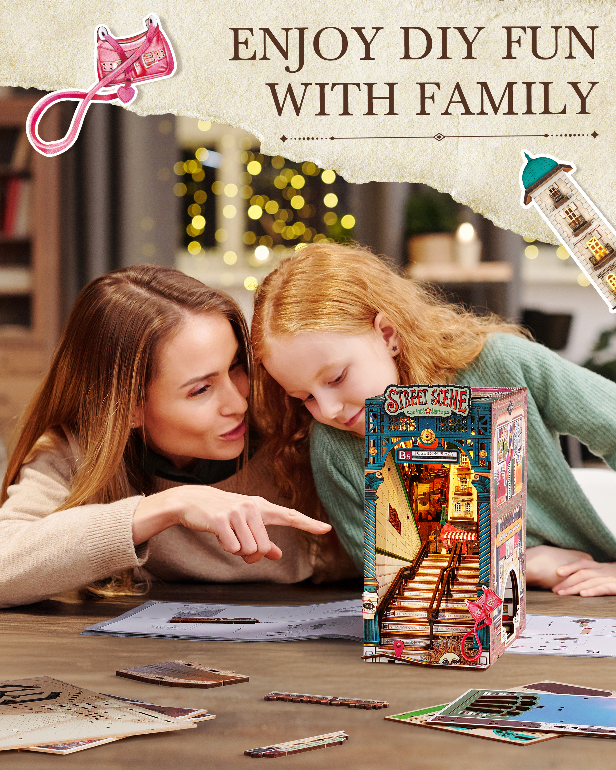 Rolife Urban Street Scene Bookend Set - 3D Subway Scene, 3D Puzzle Set With LED Lights, 196 Wooden Puzzle Pieces, Bookshelf Decoration With Dust Cover, Modern Urban 3D Model Gift