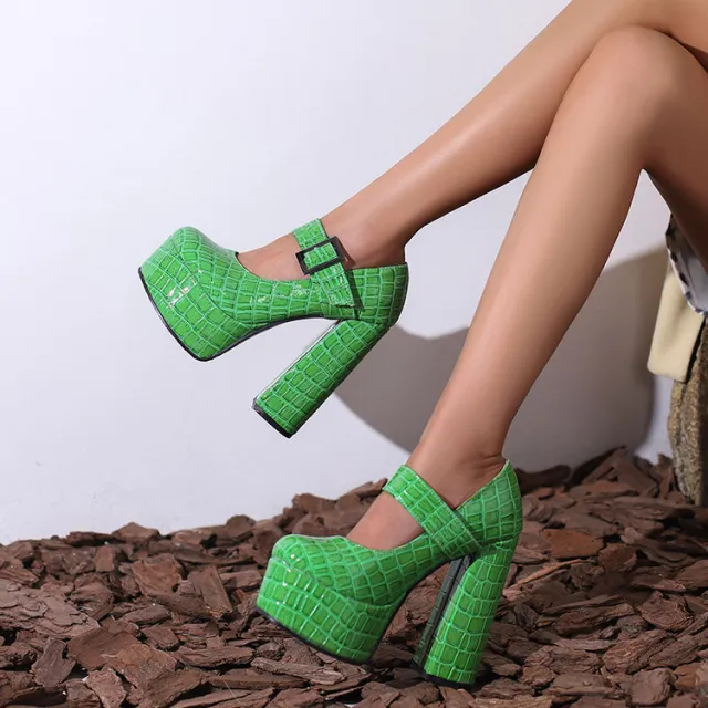 Women's Retro High Heels With Round Toe Green - Shop at LoveMi