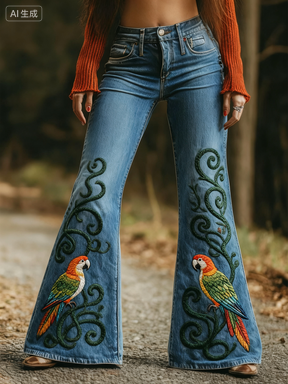 Fashion Retro Printed Flared Pants, Women's Jeans