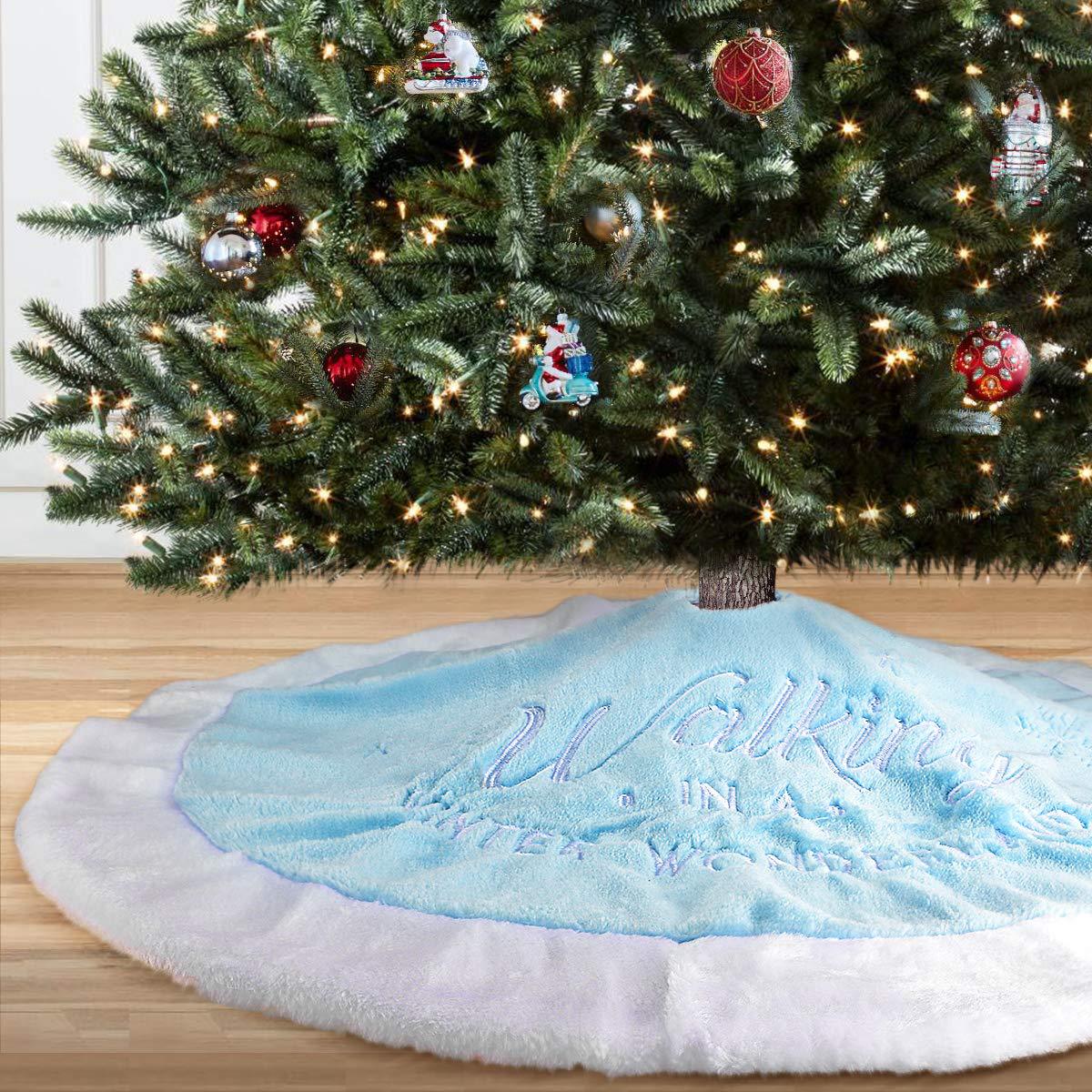 Christmas Decoration Blue Coral Velvet Embroidered Letters Snowflake Tree Skirt — image 1