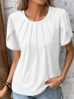 Summer Round Neck Tassel Tulip Sleeve T-shirt Casual Top For Women - White - View 1