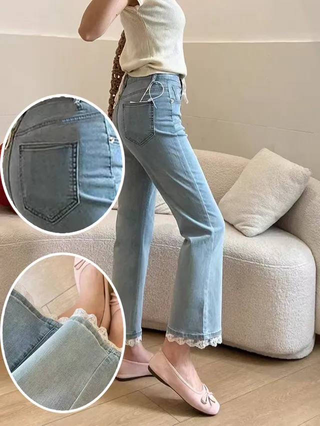 Jeans For Women, With Elastic Lace Lace And Lace Stitching, Micro Flared Jeans For Women In , Small And Stylish Design, Light Blue Jeans For Women,... Pants Length Cm87 - Shop at LoveMi
