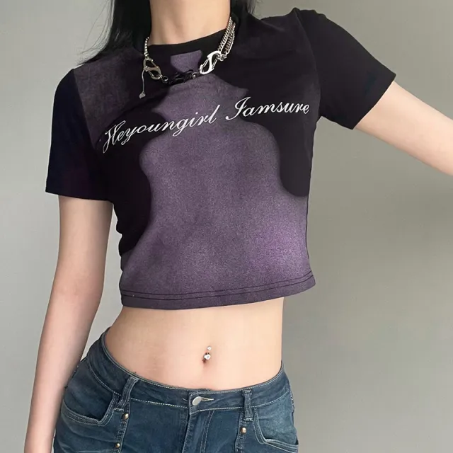 Abstract Face Print Color Contrast T shirt Women's Slim Fit Black - Shop at LoveMi