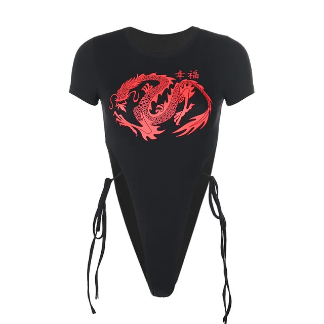 Fashion Slim Happiness Dragon Print Lace One Piece Black - Shop at LoveMi