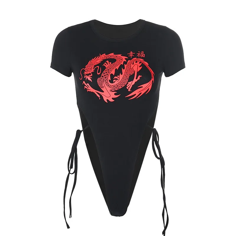 Fashion Slim Happiness Dragon Print Lace One Piece - Black