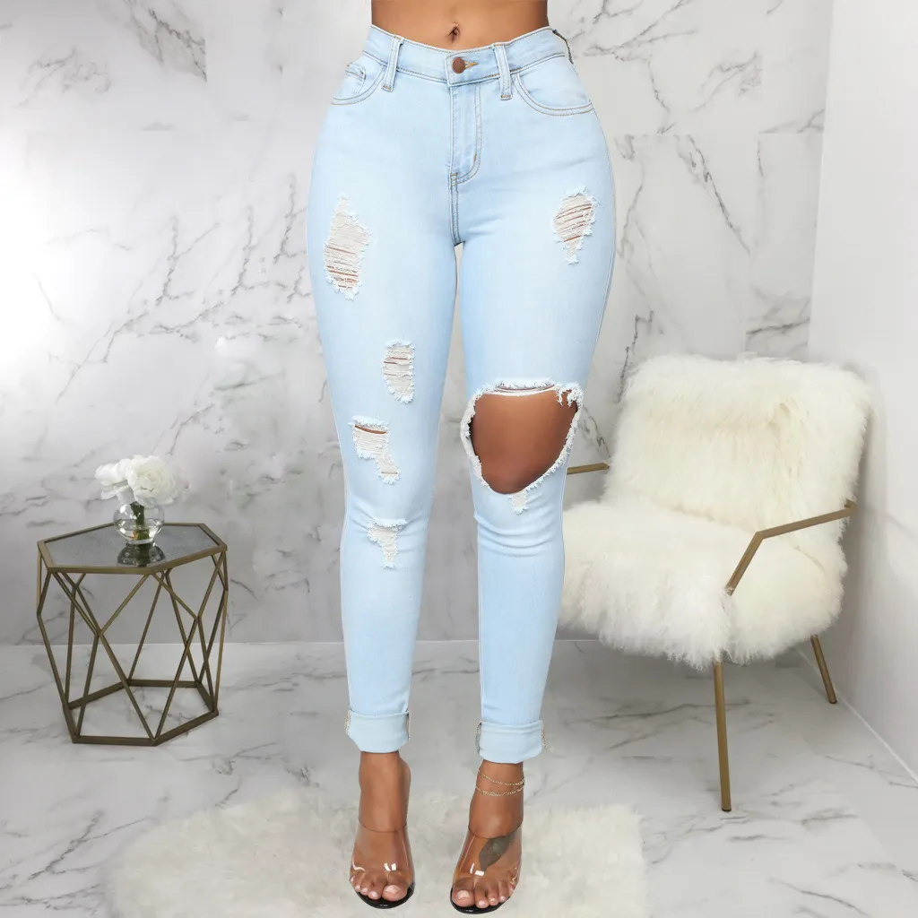 Fashion Versatile Stretch High Waist Denim Wash - Light Color-L