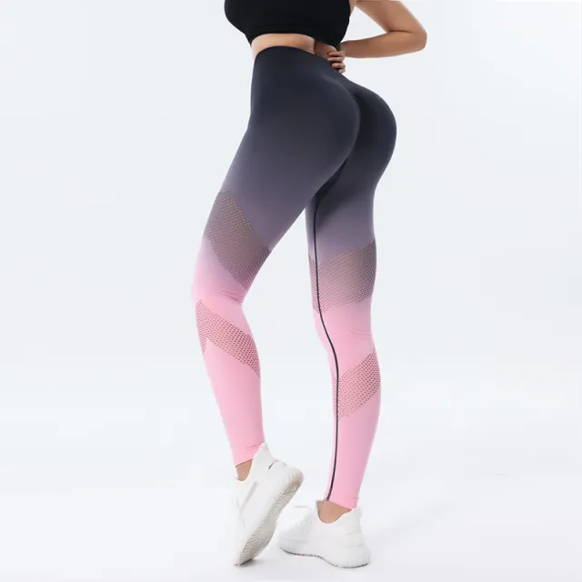 New Hollow Design Gradient Printed Yoga Pants Seamless High Waist Hip Lifting Fitness Leggings For Women Quick Drying Trousers Pink - Shop at LoveMi