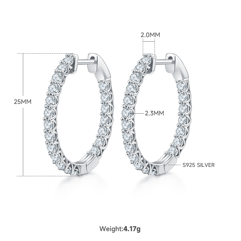 4.2g S925 Sterling Silver Moissanite Hoop Earrings, 25mm Round Pave Hoops With GRA Certificate, Platinum Plated, Rose Gold Or Gold Available, Luxury Gift Box Set For Women