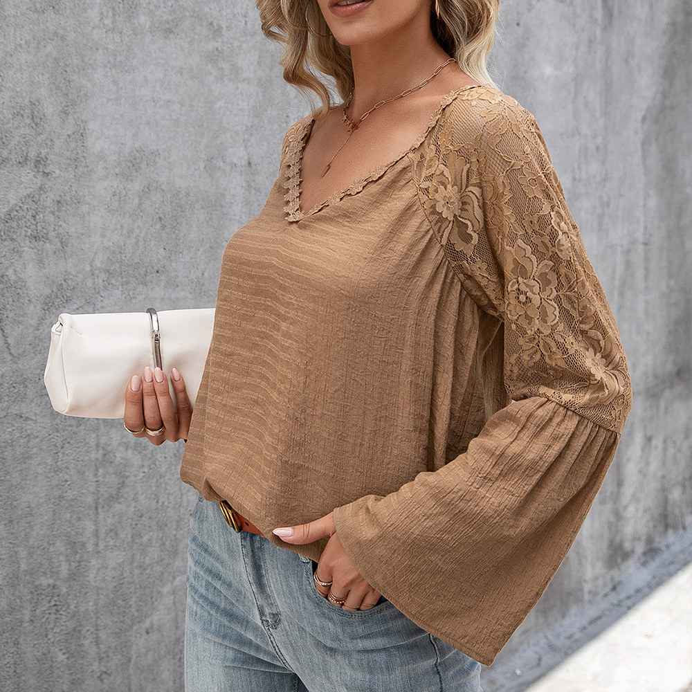 Women's Solid Color Stitching Lace Hollow V-neck