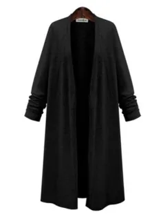 Women's Long Sleeve Cardigan Knit Trench Coat - Black - View 1