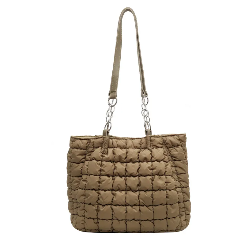 Chain Plaid Down Hanbags Large Capacity Bubble Designer Tote Bag Women's Autumn And Winter Fashion Pleated Armpit Shoulder Bag - Green