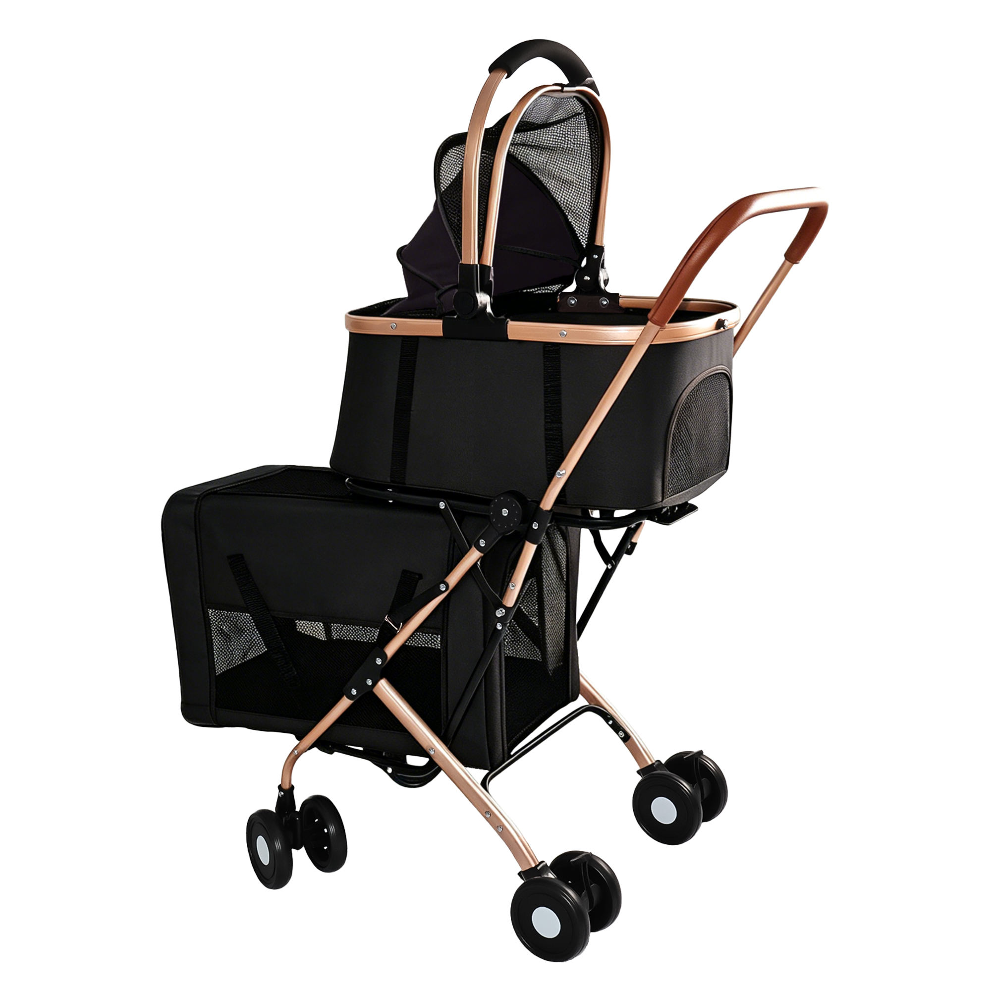 3-in-1 Double Pet Stroller For Small Medium Dogs Cats, Foldable Frame Convertible Pet Carrier Tote, Shockproof Wheels With Brake System, Dual Fixed Safety Leashes For Multi-Pet Households