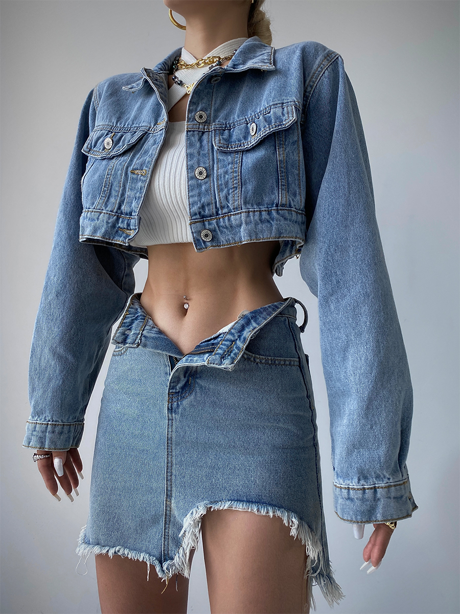 Women's Short Denim Jacket High Waist Slim Skirt Two Piece Suit - Image 2