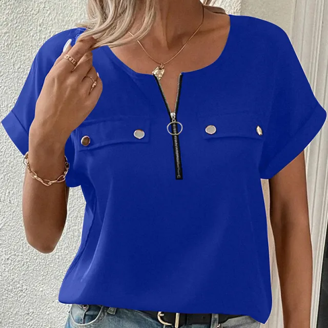 Women's V Neck Zipper Top Solid Color Short Sleeve Blouse Blue - Shop at LoveMi
