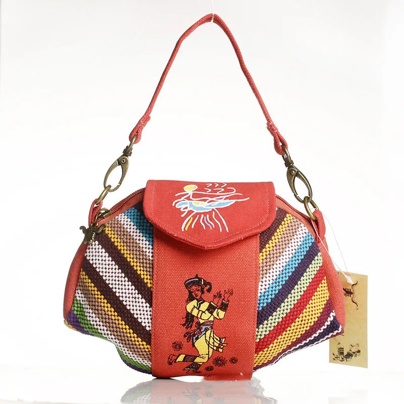 National Style Handbag Fashion Canvas Printing - Red