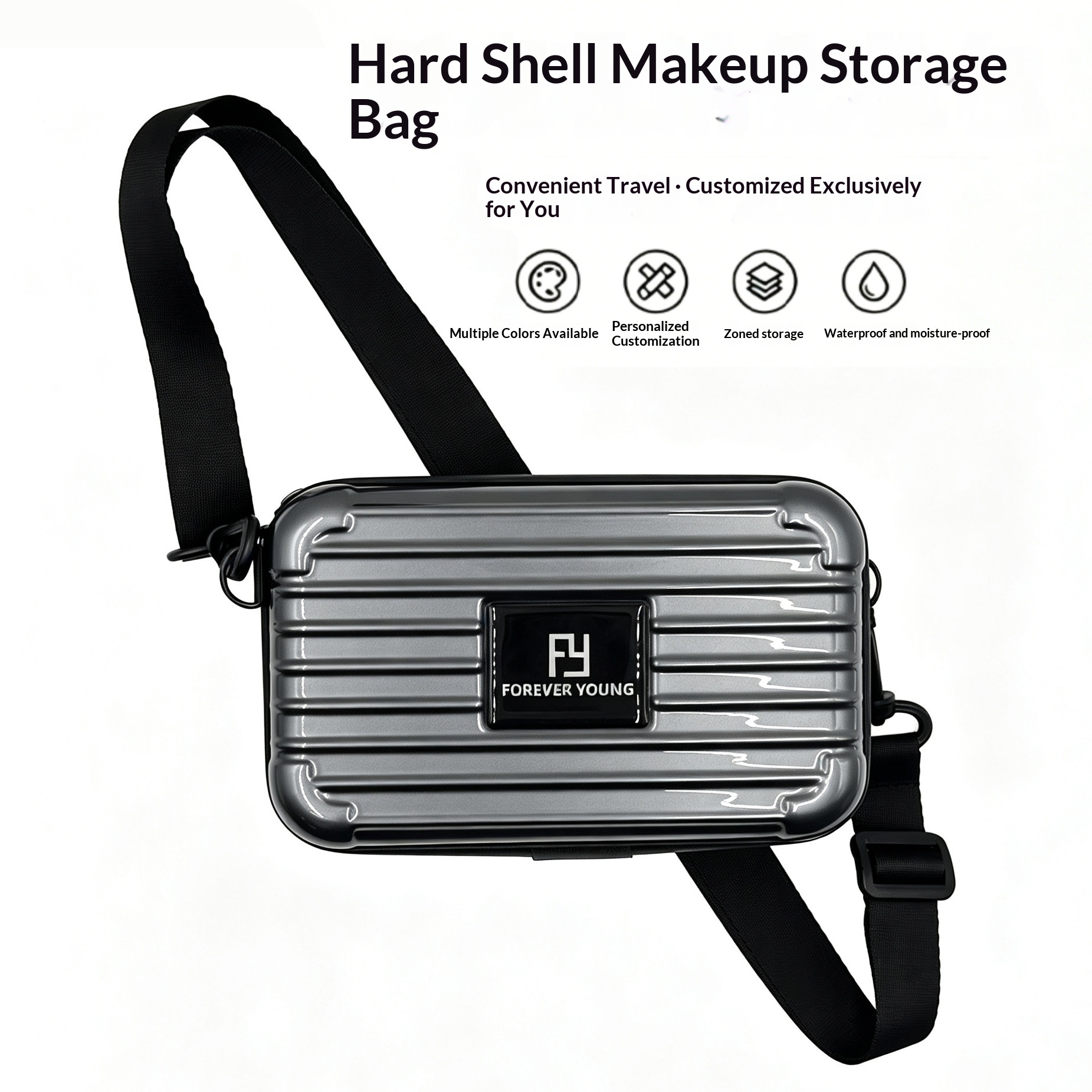 7 Inch Clear Hard Shell Wash Bag With Crossbody Strap, Large Capacity Waterproof Toiletry Bag, Structured Makeup Case For Travel -iron Gray