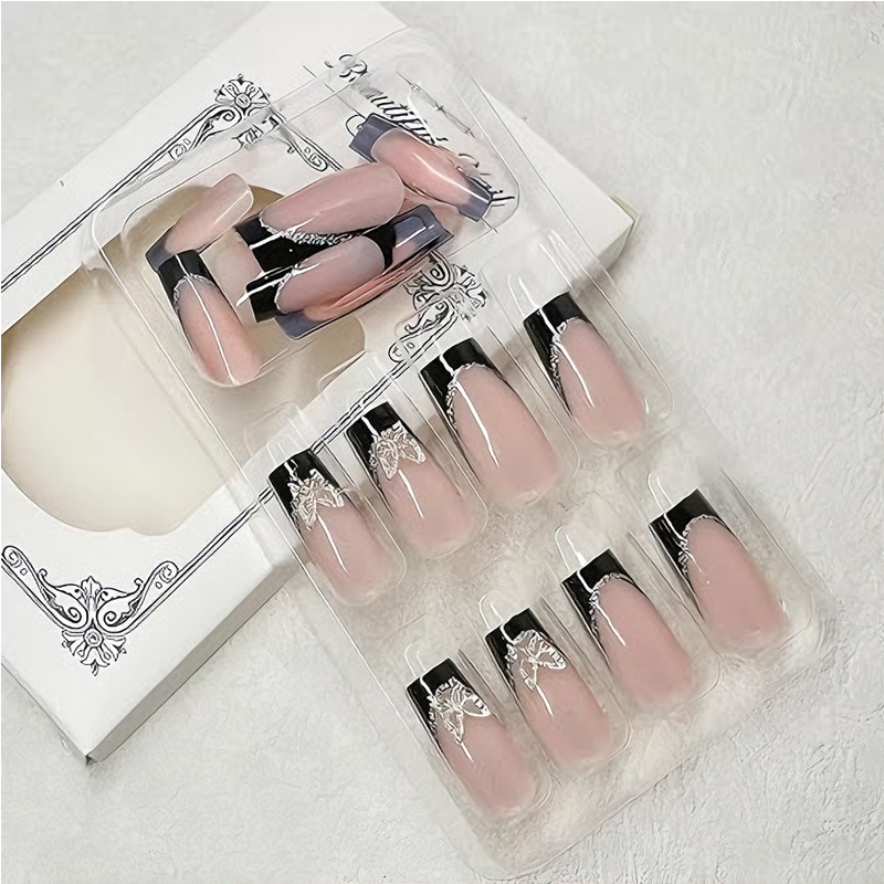 24 PCS Black P Ink Butterfly Nail Art, Long Length Long Water Pipe Fake Nails,Square Head Nail Tips False Nail
