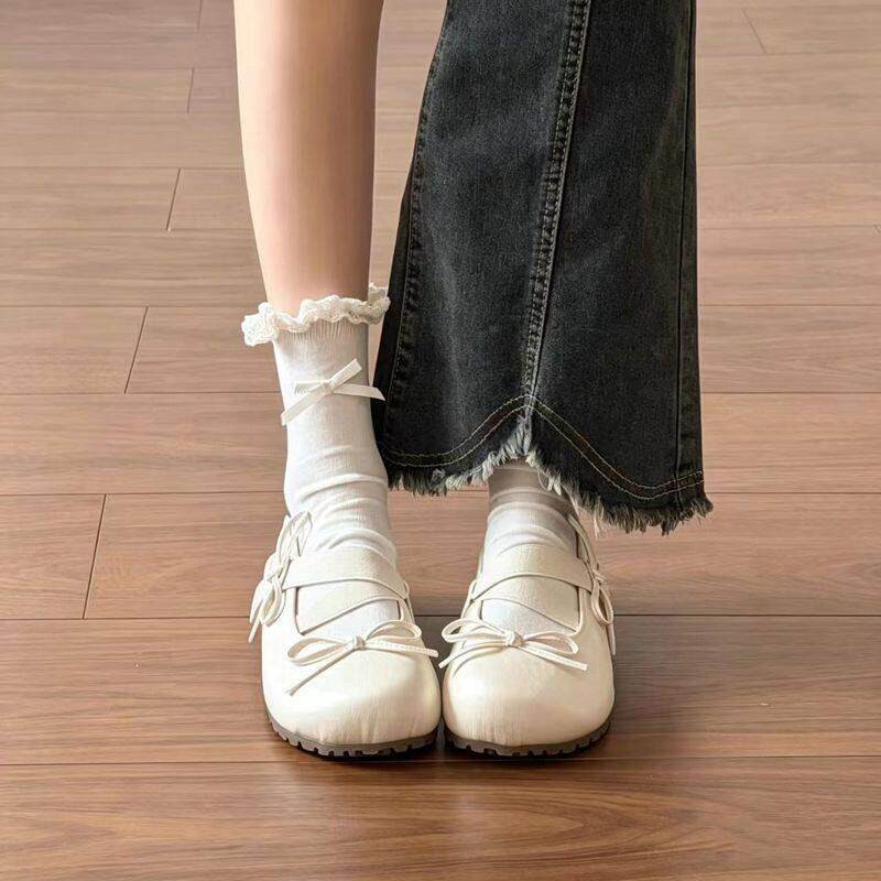 Women Elastic Crisscross Strap Tiny Bow Flats, Round Toe Lightweight Non-Slip Lug Platform Soft PU Leather Slip On Minimalist Casual Daily Student Lace Sock Matching Doll