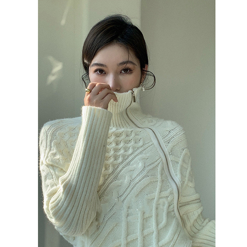 Turtleneck Zipper Loose Irregular Hem Pullover