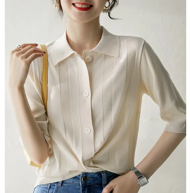 Lapel Mid Sleeve Commuter Knit Cardigan Air Conditioning Shirt Beige - Shop at LoveMi