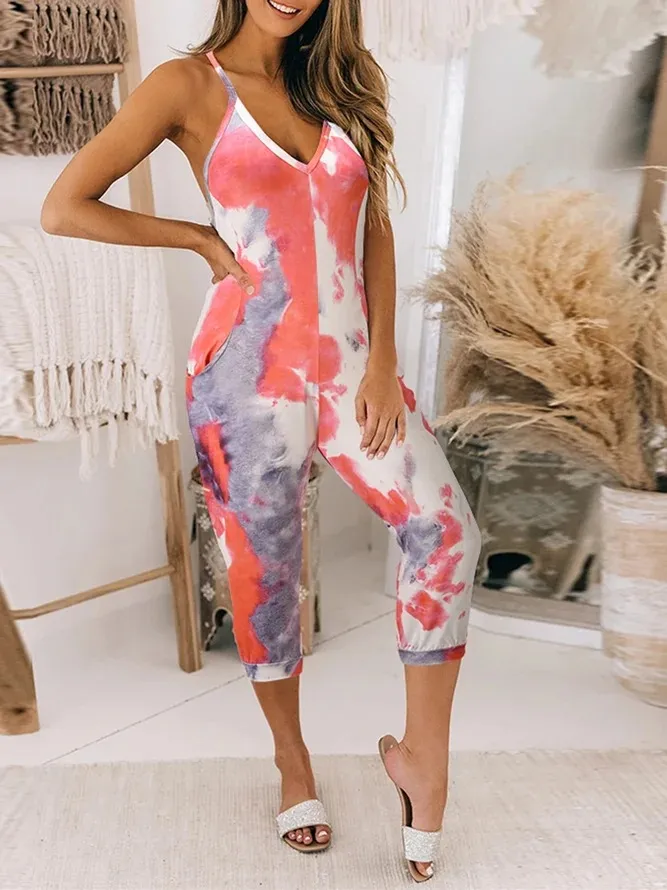 Tie-dye Printed Suspender Jumpsuit At Home Halter Suit - Red