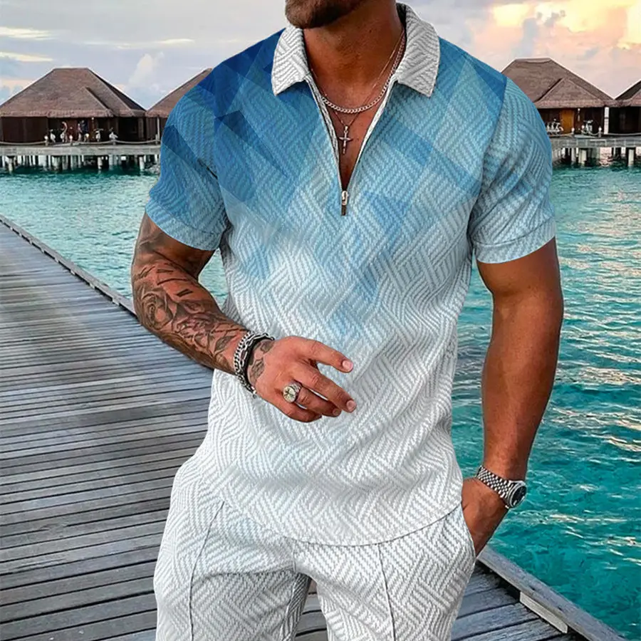 Men's Summer Fashion 3D Printed Short Sleeve Geometric Zip