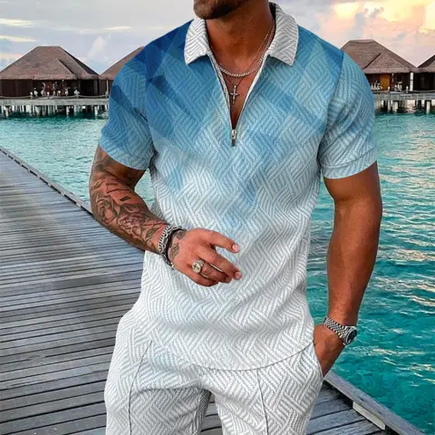 Men's Summer Fashion 3D Printed Short Sleeve Geometric Zip
