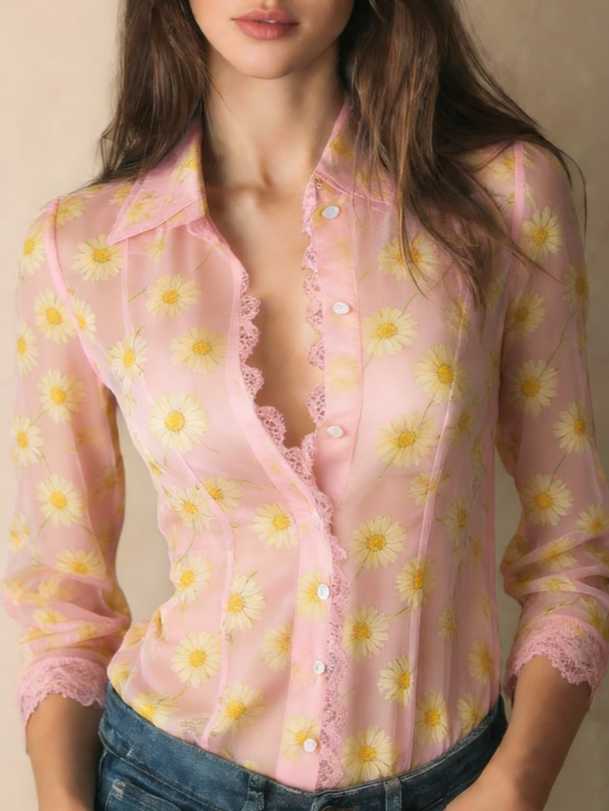 Lace V-neck Women's Long-sleeved Shirt
