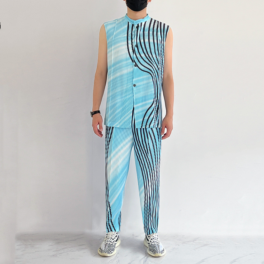 Men's Striped Printed Pleated Casual Pants