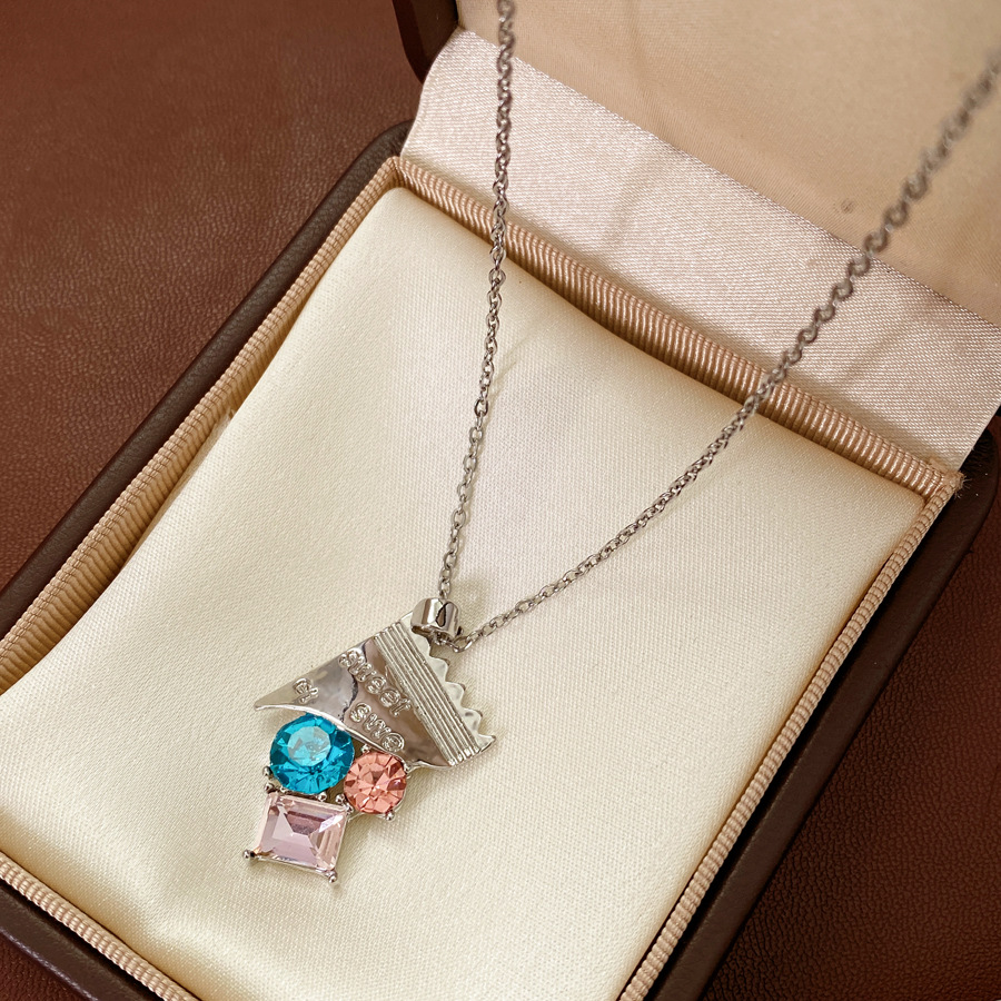 Stainless Steel Crystal Pendant Necklace For Women Colorful Gemstone Geometric Choker Jewelry