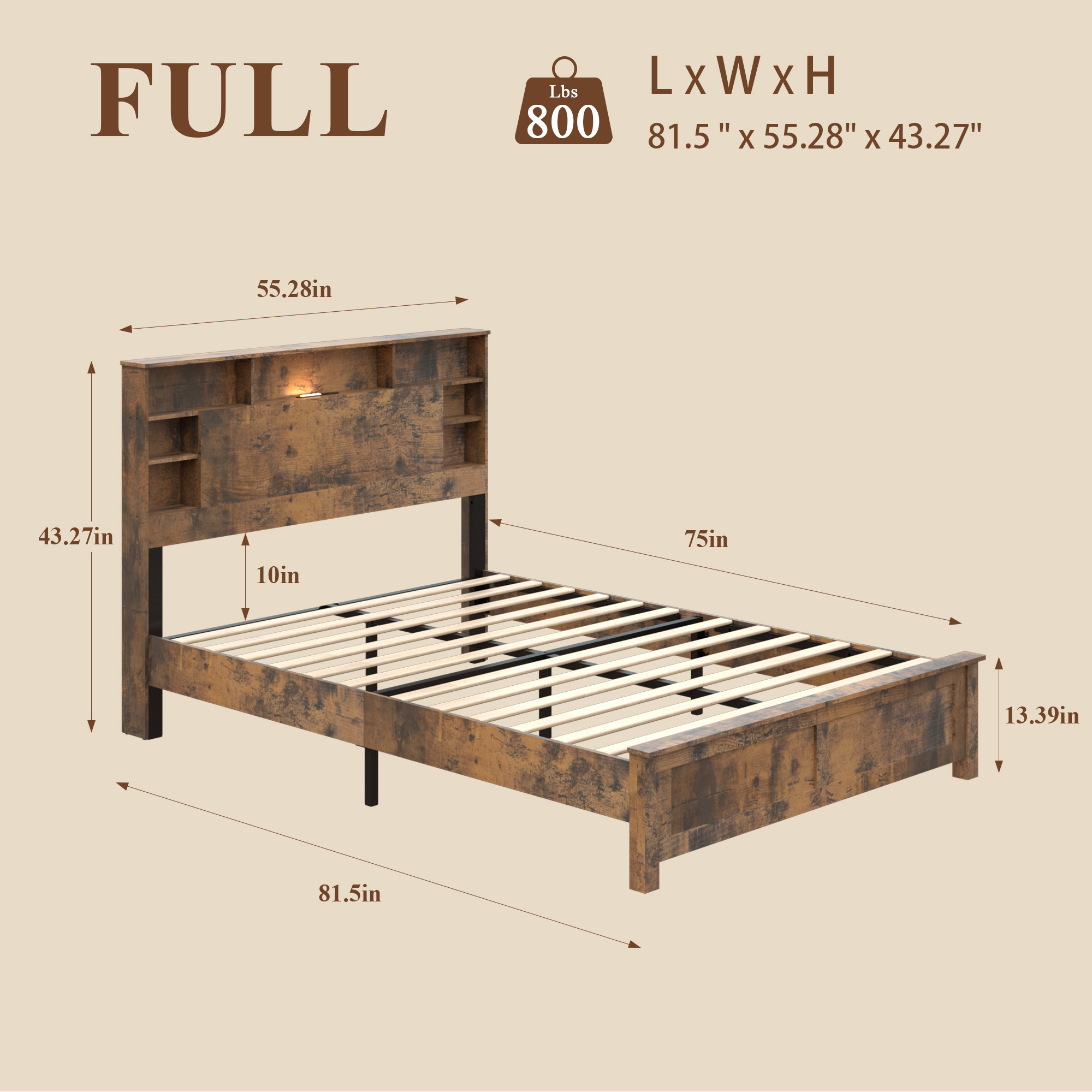 Full Wood Bed Frame With Bookcase Headboard, Charging Station & LED, Dark Brown — foto 8