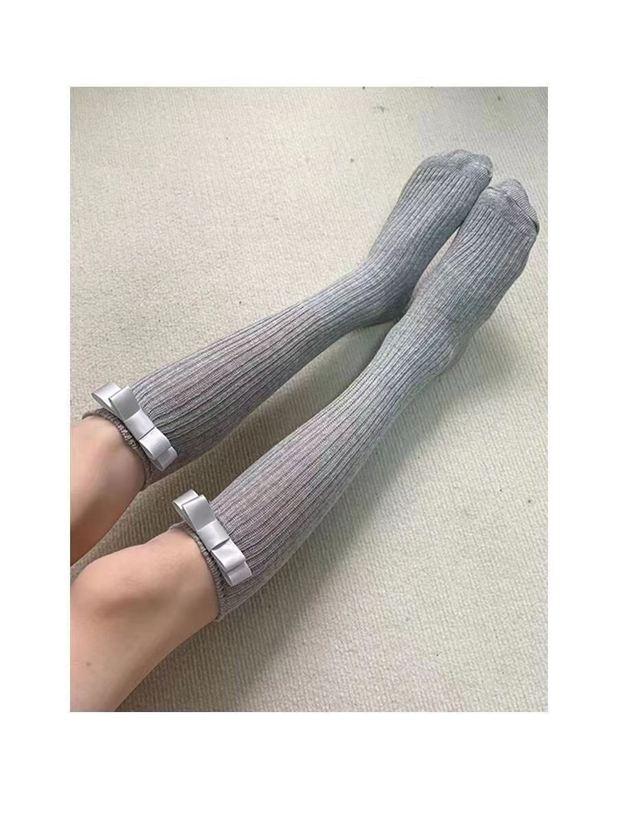 Women's Socks, Spring & Summer Gray Vertical Stripes Slimming Calf Socks, Bow Decor Versatile Runway Style Long Slouch Socks