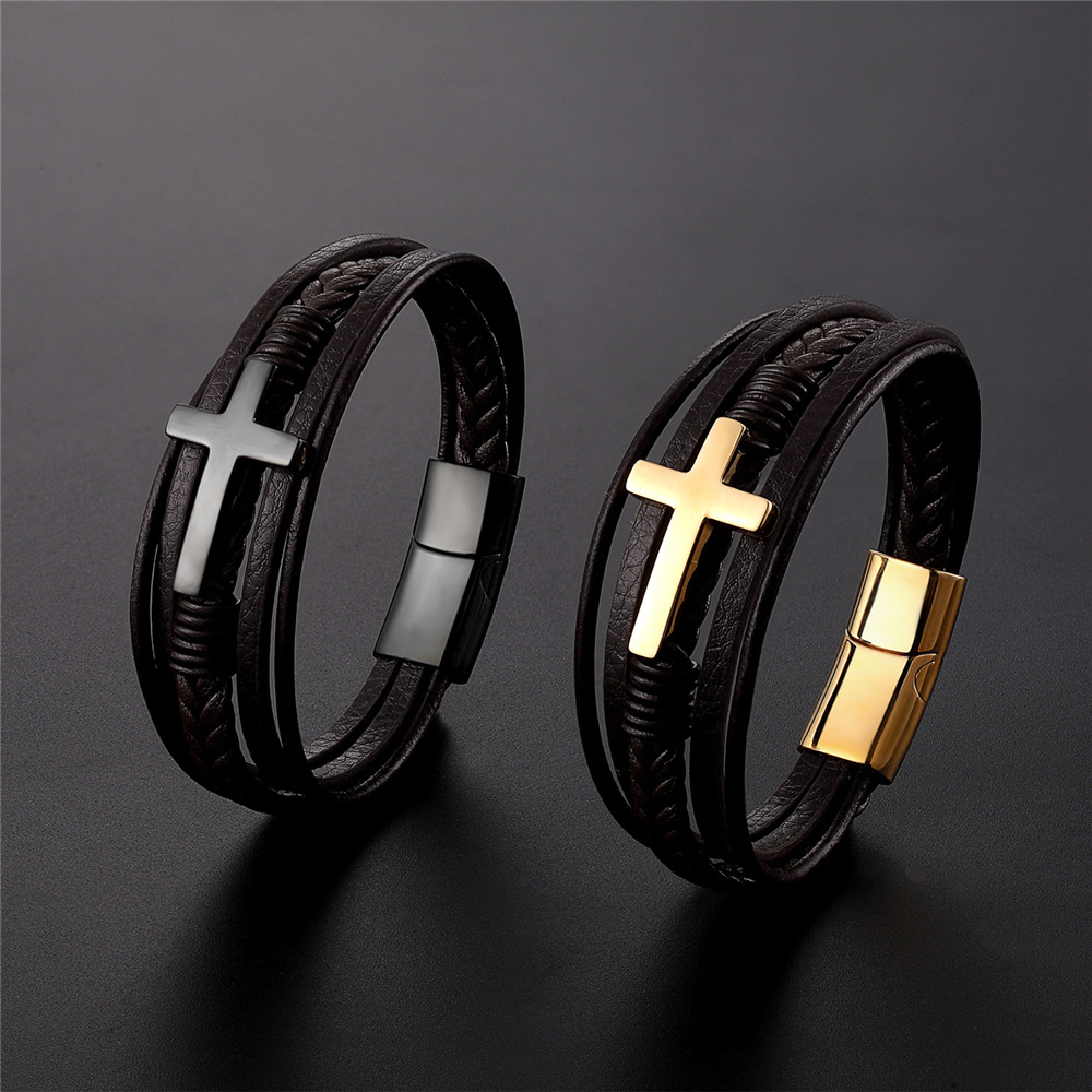 Fashion Cross Bracelet Stainless Steel Black Gold Steel Color Multilayer Braided Bracelet