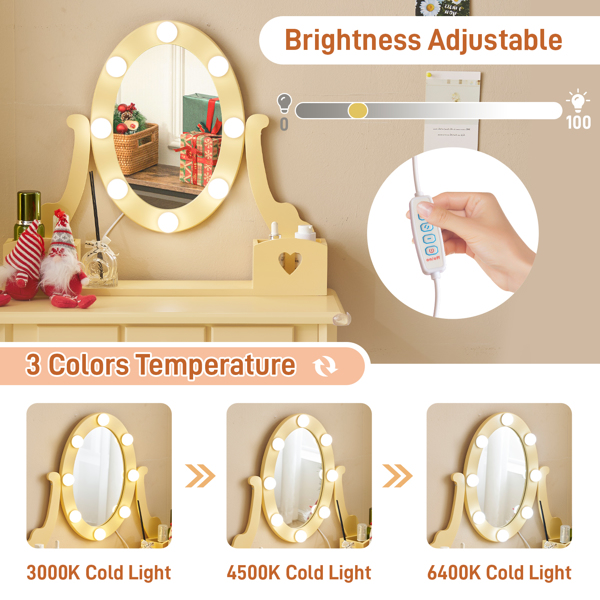 Kids Vanity Set With Mirror And Lights And Stool, 5 Storage Drawers, Pretend... 13